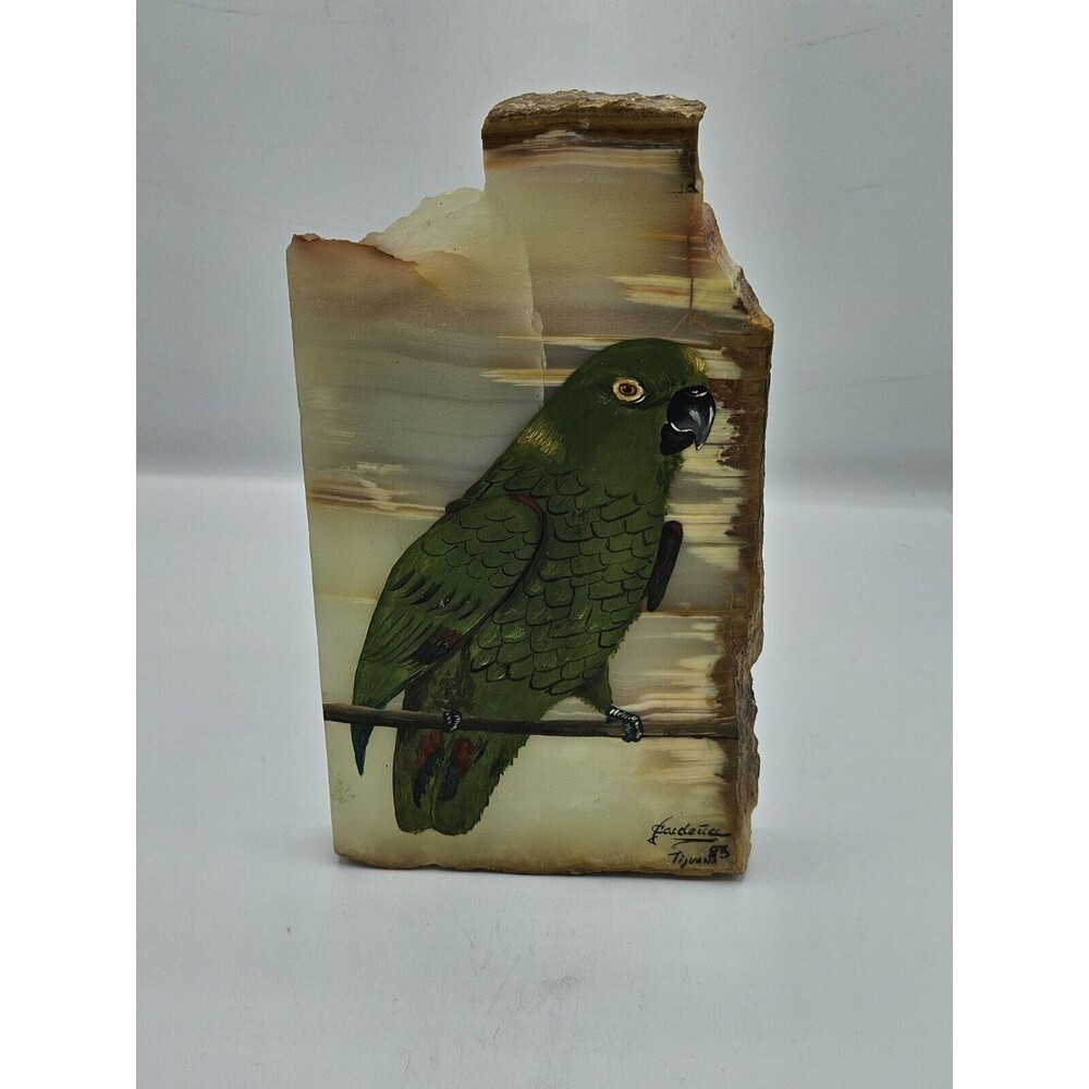 Parrot hand painted on polished slate Signed Tijuana 85